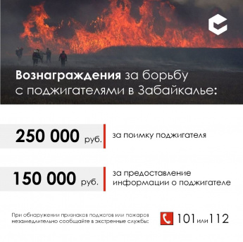 Власти Забайкалья повысили денежные вознаграждения за выявление и задержание поджигателей полей и лесов